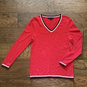 Tommy Hilfiger V-Neck Sweater‎ Knit Striped Trim Preppy Casual Red Size M